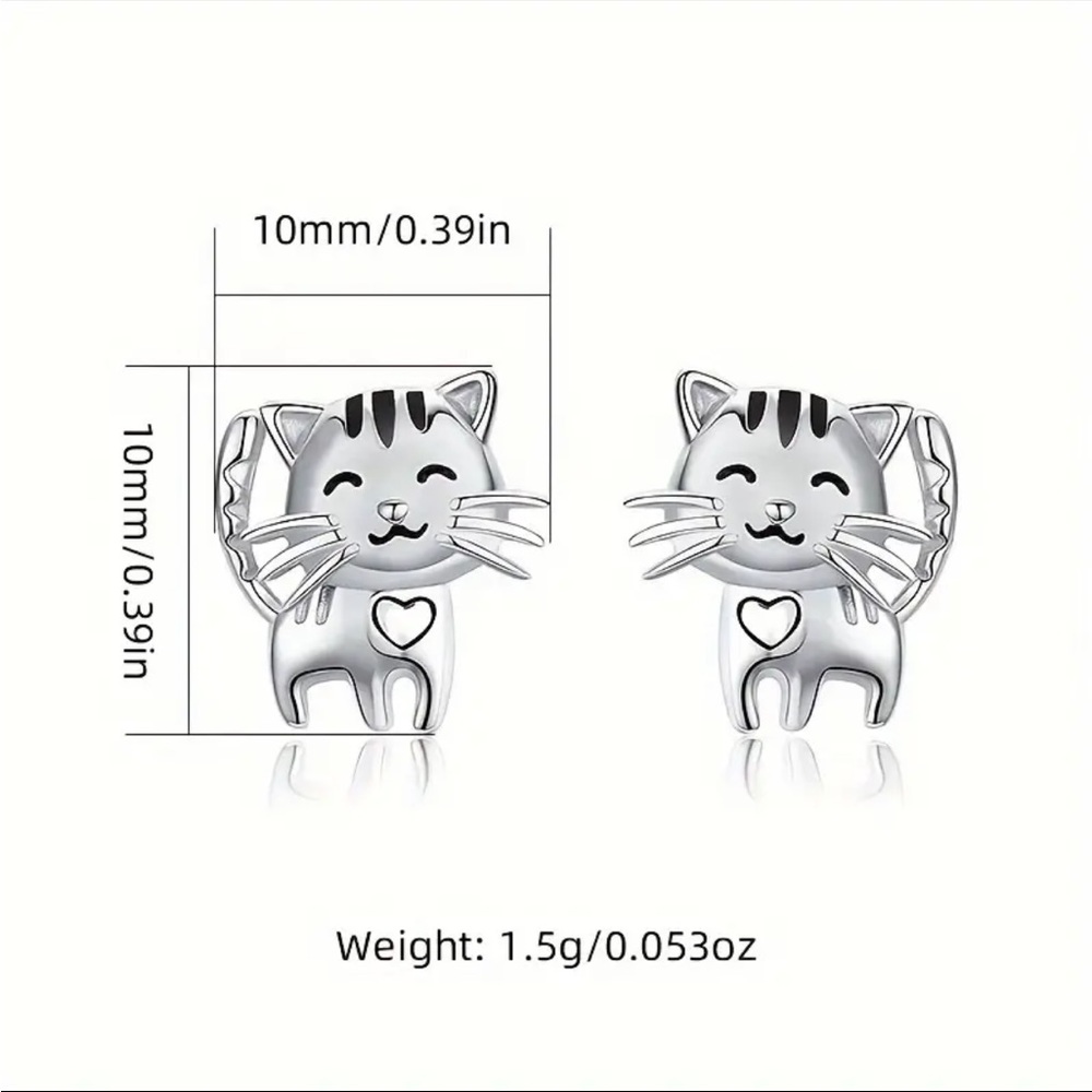 Sterling Silver Cat Heart Stud Earrings - Picture 7 of 7